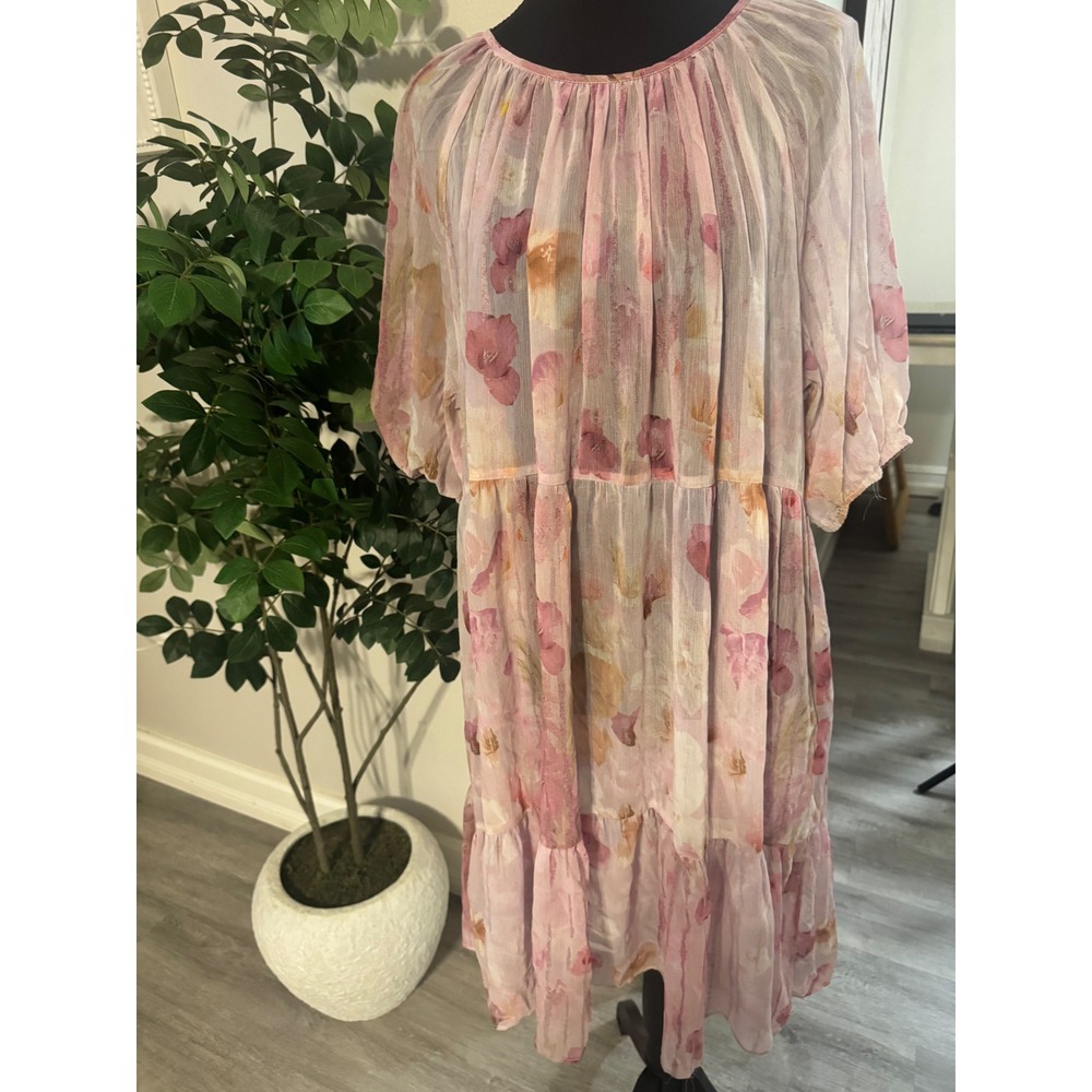 Melloday Floral Chiffon Tiered Midi Dress Pink Lavender Watercolor Boho Medium